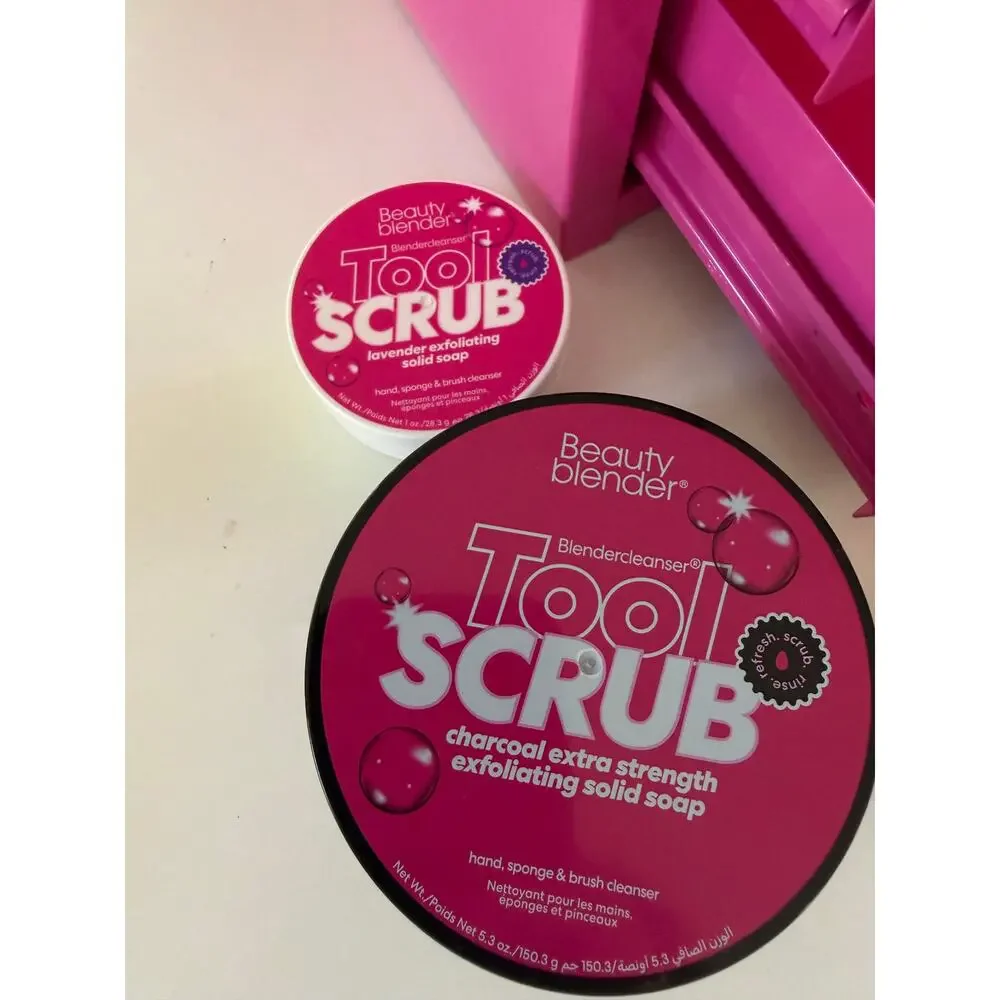New Beauty Blender Tool Scrub Set 4 Makeup Brushes 2 Solid Soap Pink Metal Case